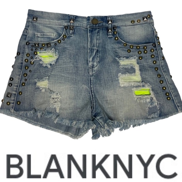 Blank NYC Distressed Studded Mini Denim Shorts 25 - Picture 2 of 15